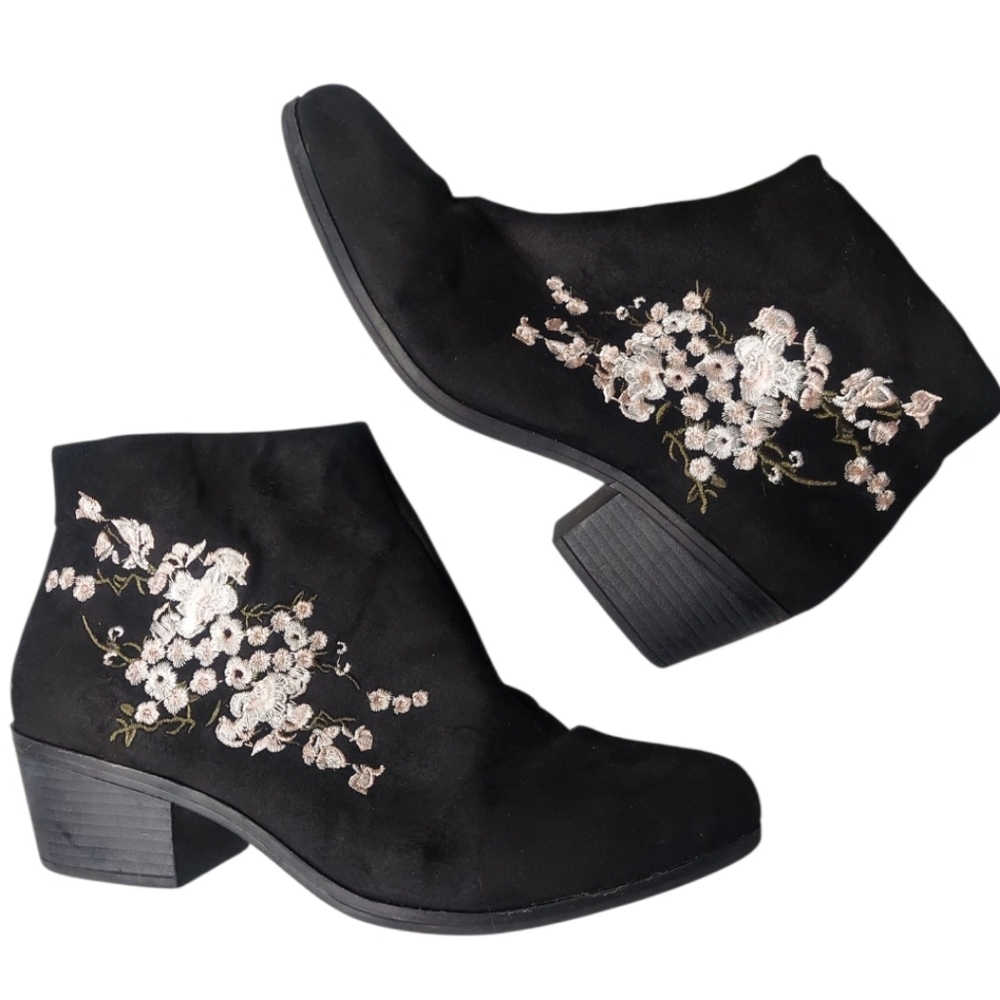 Just Fabulous Embroidered Black and Pink Embroidered Floral Ankle Booties